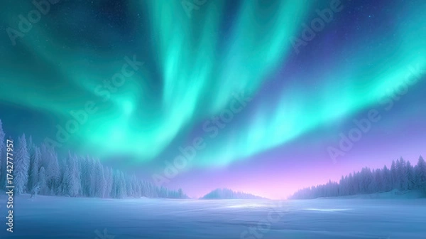 Fototapeta Bright colors of the northern lights dance across the night sky over a tranquil frozen lake. Snow-covered trees surround the scene, creating a peaceful winter wonderland