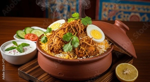 Fototapeta Delicious chicken biryani served in a clay pot with lemon and fresh salad