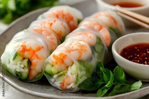 Fototapeta Close-up of Fresh Summer Rolls with Prawns, Cucumber, and Rice Noodles