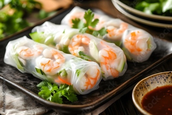 Fototapeta Vietnamese Summer Rolls (Gỏi Cuốn) with Shrimp and Peanut Sauce
