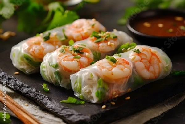 Fototapeta Vietnamese Fresh Spring Rolls with Prawns and Rice Vermicelli