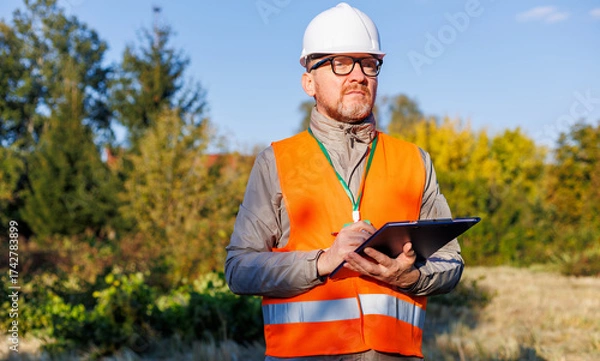 Fototapeta Male engineer inspects the condition of a new construction site. Forestry inspector - environmental control. Conducts environmental monitoring soil analysis. Works as an ecologist. 