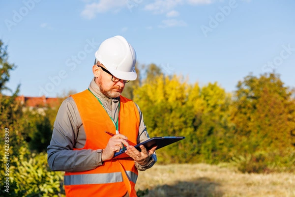 Fototapeta Male engineer inspects the condition of a new construction site. Forestry inspector - environmental control. Conducts environmental monitoring soil analysis. Works as an ecologist. 