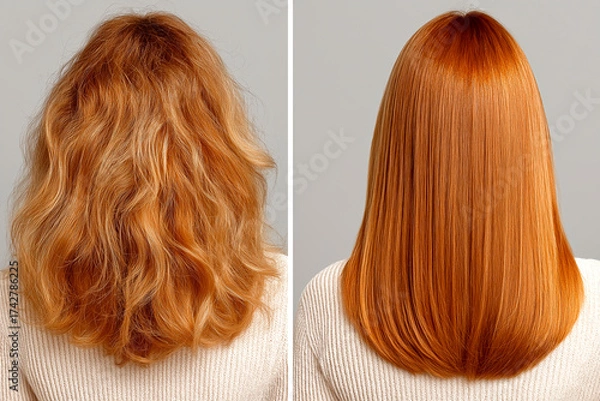 Fototapeta 縮毛矯正ビフォーアフター：自然なストレートヘア