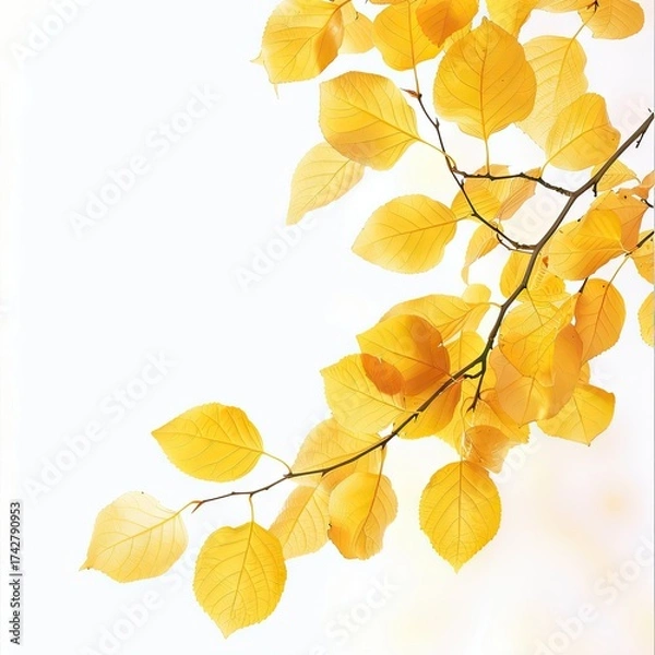 Fototapeta Abstract autumn background, a tree branch with yellow leaves on a white background. Space for the text.