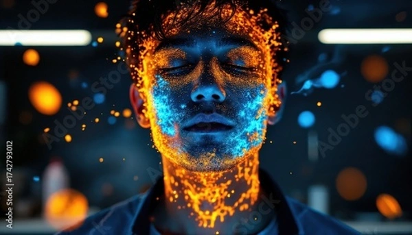 Fototapeta Close up of a Mans Face Covered in Glowing Blue and Orange Particles, Eyes Closed