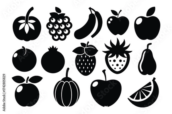 Fototapeta Various fruit icons are presented in a simple black and white arrangement