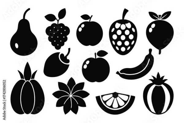 Fototapeta Black silhouettes of various fresh fruits are arranged uniformly across a plain white backdrop