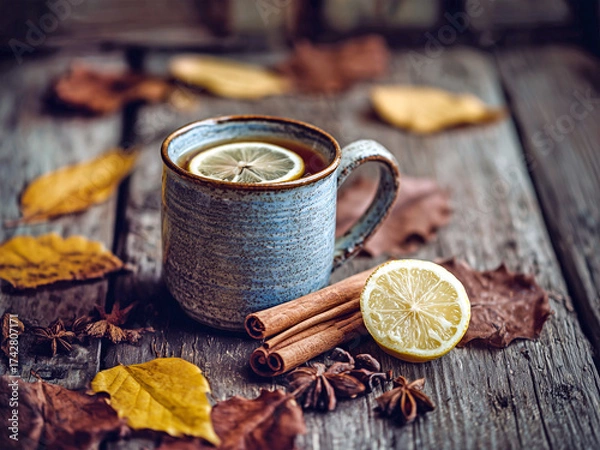 Fototapeta Hot autumn tea with lemon and spices in cozy mug on wooden table. Rustic hygge autumn style, perfect seasonal stock image.
