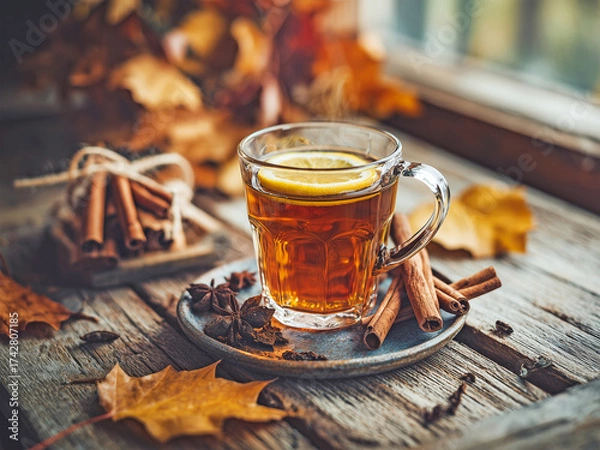 Fototapeta Hot autumn tea with lemon and spices in cozy mug on wooden table. Rustic hygge autumn style, perfect seasonal stock image.

