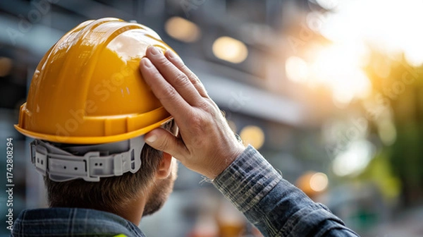 Obraz Housing developer inspecting construction progress with safety helmet, under soft natural light, highlighting focused effort and industrial setting, serene construction scene, calm