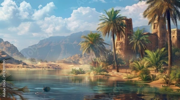 Fototapeta An oasis in the desert with lush palm trees and clear water. A beautiful peaceful island in the desert.