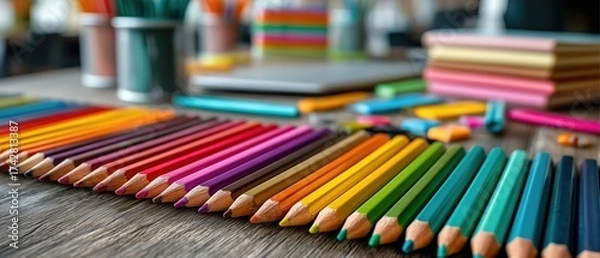 Fototapeta Colorful pencils and stationery arranged on a creative workspace.