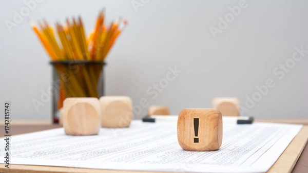 Fototapeta Wooden cube with exclamation mark on financial document and plain background