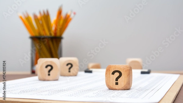 Fototapeta wooden cubes with question marks on financial report, symbol of doubt or uncertainty