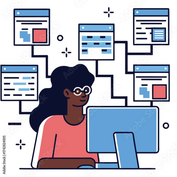 Fototapeta Young African woman at computer connects to multiple data windows online