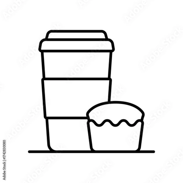 Fototapeta A cup with a lid and a cupcake icon. Black outline line silhouette. Editable strokes. Front and side view. Vector simple flat graphic illustration. Isolated object on a white background.