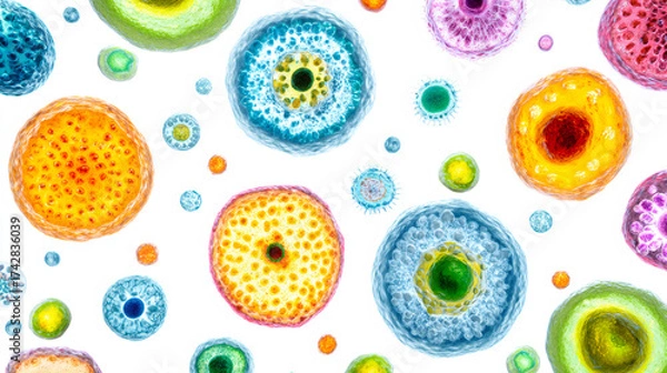 Fototapeta Microscopic view of colorful microorganism or cell on white background. Medical science background with bacterium or virus biology structure for healthcare.