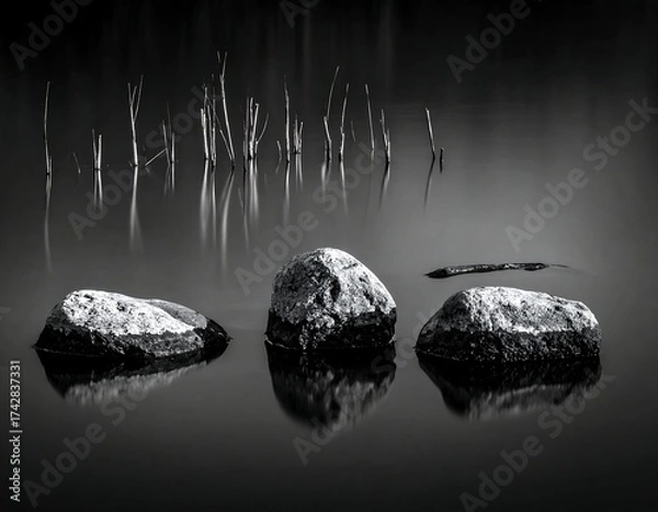 Fototapeta Monochrome image of smooth rocks in still water with reflected vertical reeds