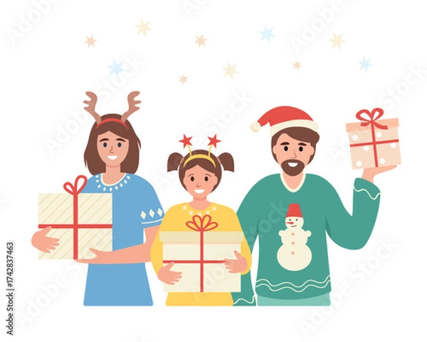 Fototapeta Portrait of Happy family with gifts. Parents with child in festive Christmas clothes. Christmas and New Year greeting card or banner. Flat vector illustration.