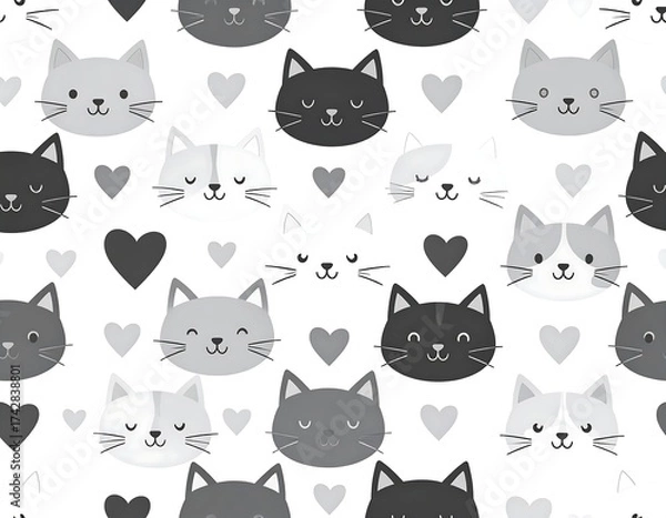 Fototapeta Monochrome repeating pattern of cat faces and hearts