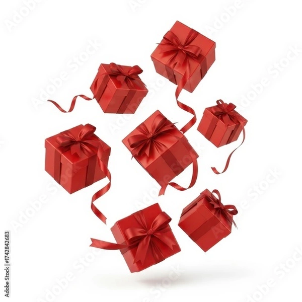 Fototapeta Festive red gift boxes with ribbons gracefully floating in mid-air isolated on white background