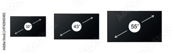 Fototapeta Realistic screen 32, 43, 55 inches collection. Screen inches size. Screen diagonal size in 32, 43, 55 inches. Screen icon set in realistic style on white background. Vector illustration