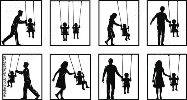 Fototapeta Black silhouette figures of adults and children on swings in various poses family playground