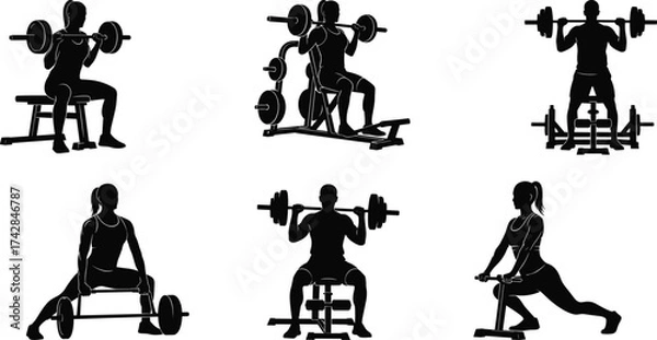 Fototapeta Six black silhouette figures performing weightlifting exercises with barbells and benches fitness