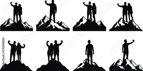 Fototapeta Silhouettes of people taking selfies on mountain peaks in black and white summit