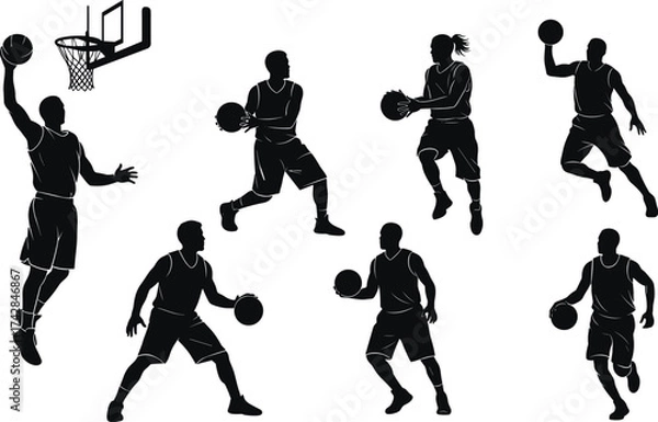Fototapeta Black silhouette basketball players in various action poses with hoop white background