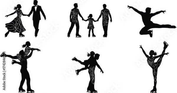 Fototapeta Black silhouettes of ice skaters performing various poses and a family holding hands ice skating