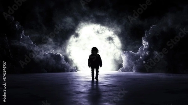 Fototapeta Silhouette of child walking towards mystery in foggy cave
