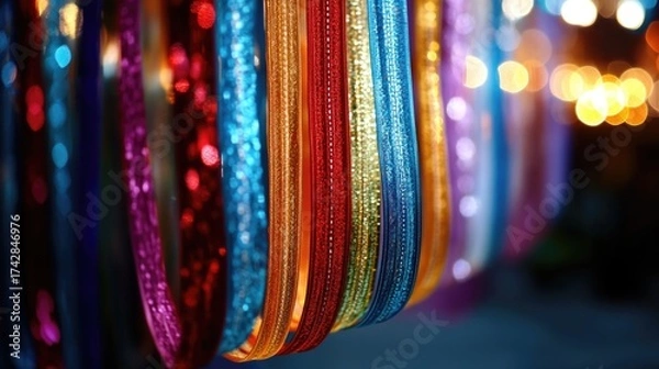 Fototapeta Colorful sequined fabrics hanging in soft focus lighting display