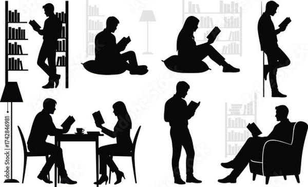 Fototapeta Silhouettes of people reading books in various indoor settings vector
