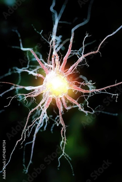 Fototapeta Glowing neural network node with radiating synapses