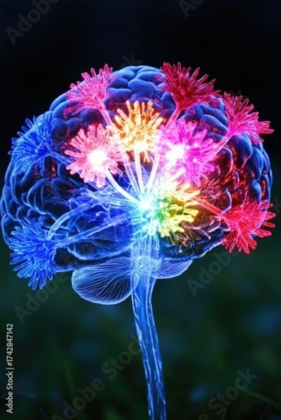 Fototapeta Colorful neural pathways illuminating a transparent brain model