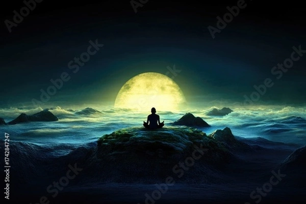 Fototapeta Silhouette of meditation by moonlit ocean with dramatic sky and tranquil waves