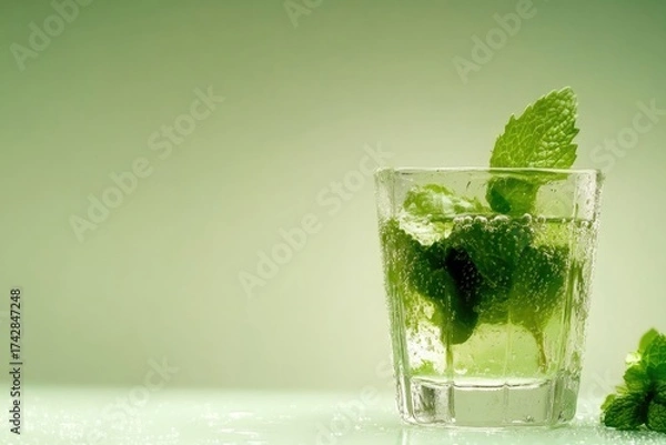 Fototapeta Refreshing mojito with mint leaves and lime in a glass on green background