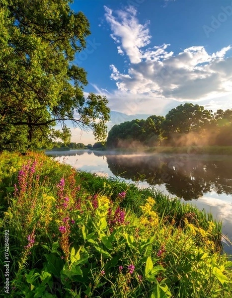 Fototapeta Morning view of a river, with colorful flowers in foreground