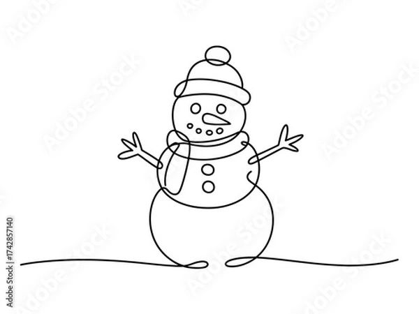 Fototapeta Vector art of continuous line drawing of a snowman, winter holiday concept