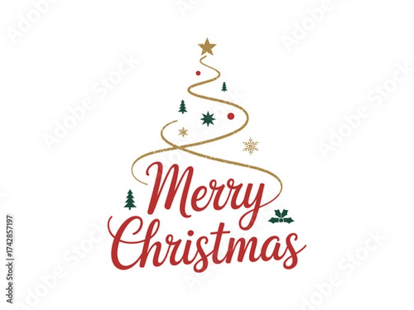 Fototapeta Vector art of merry christmas text with decorative tree for holiday greeting card