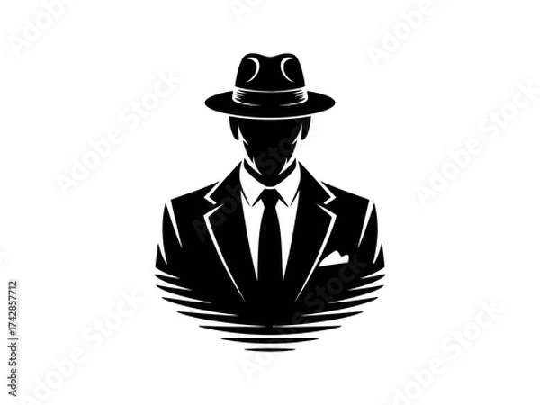 Fototapeta Vector art of silhouette of a mysterious man in a suit and hat
