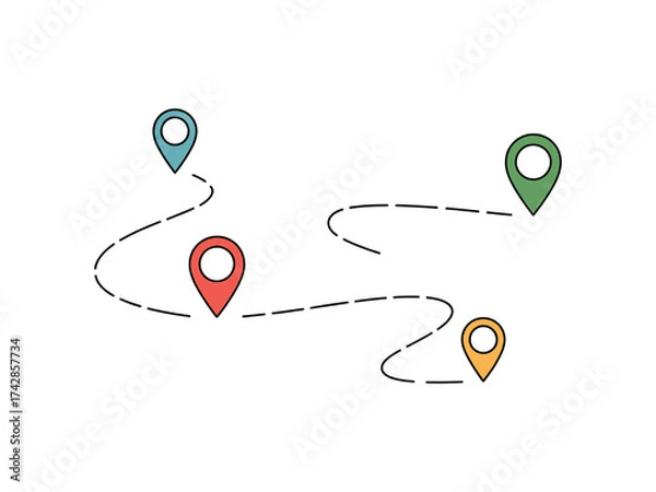 Fototapeta Vector art of colorful location pin with dotted line, travel and navigation