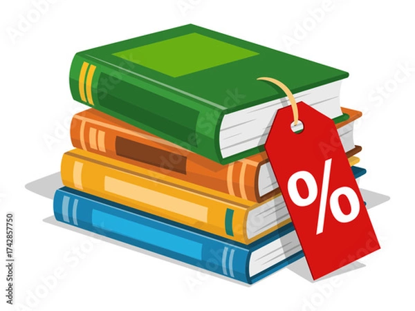 Fototapeta Vector art of stack of books with discount tag, education and sale concept