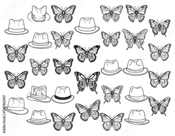 Fototapeta Black and white pattern of hats and butterflies