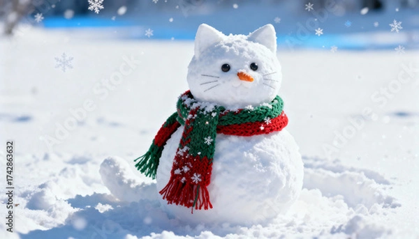 Fototapeta Snowman shaped like a cat wearing a red and green scarf in a snowy landscape with falling snowflakes