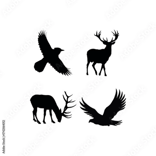 Fototapeta This image displays four black silhouettes against a white background. The top left shows a bird in flight. The top right features a majestic stag with large antlers.