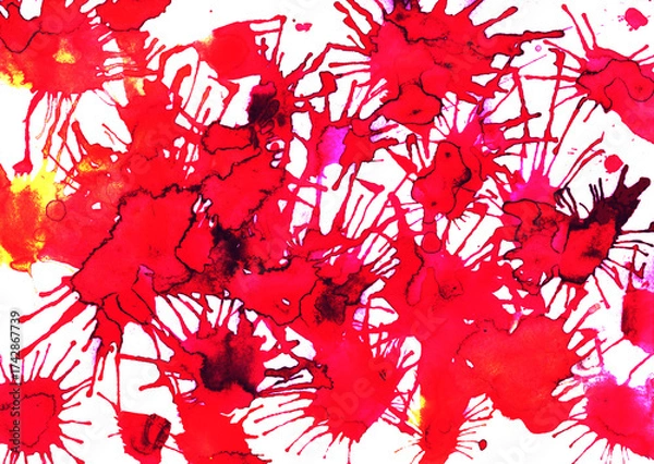 Fototapeta Bright spottes red watercolor abstract texture with blots, spots, spatter and splash effect. Wrapping paper, package, packaging, printing.