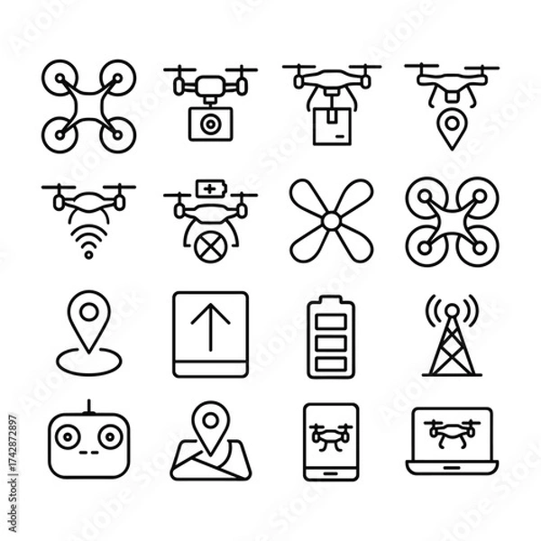 Fototapeta Remote control aircraft vector icon pack. Outline symbols. Line design